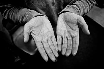 fotografie ve stupních šedi, osoba, nošení, s dlouhým rukávem, horní, ukazující, dlaně, s, holý, ruce, ve stupních šedi