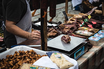 meat vendor, farmers market, Meat, vendor, hands, market, outside, food, selling, people, market Stall