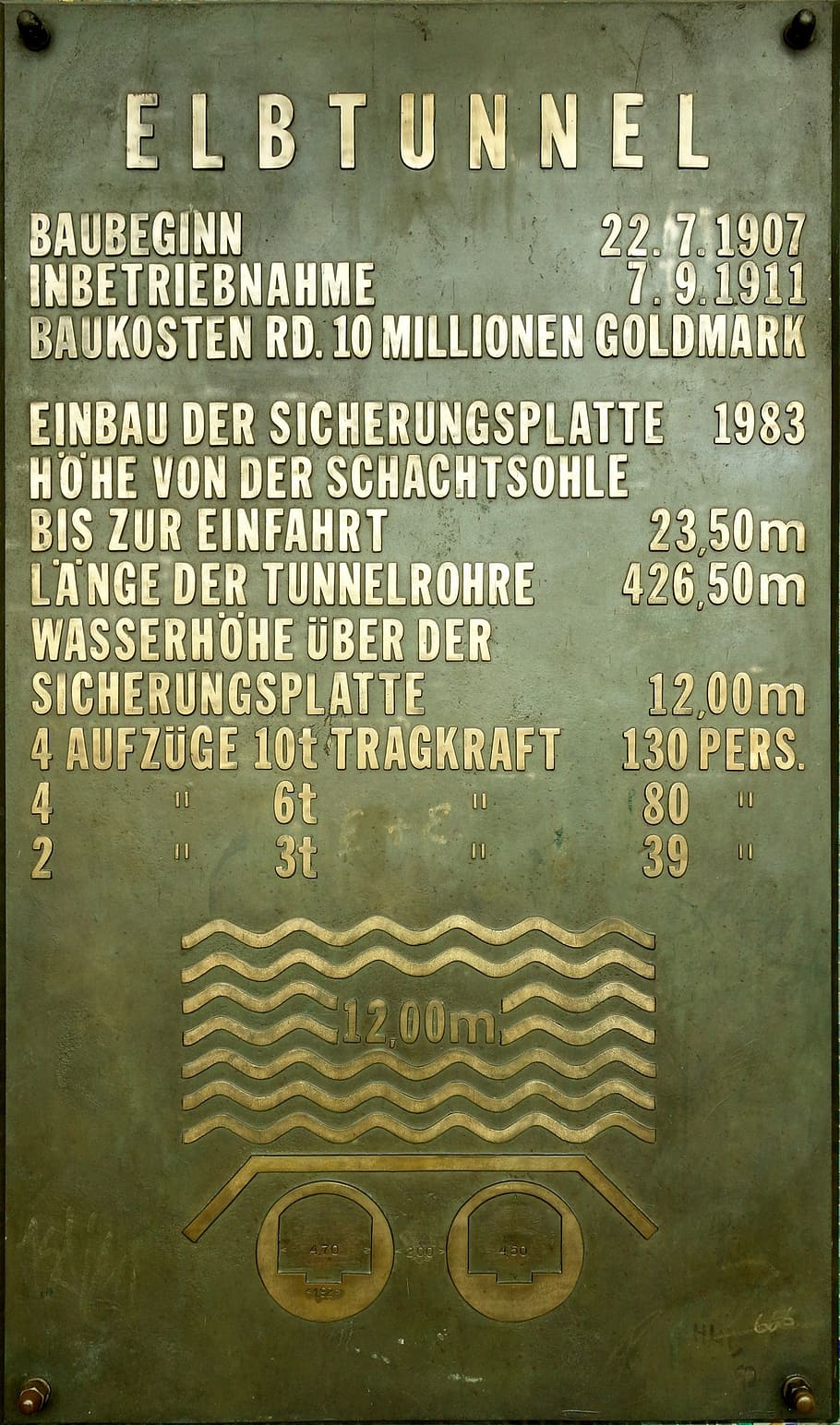 old elbe tunnel, hamburg, technical specifications, commemorative plate
