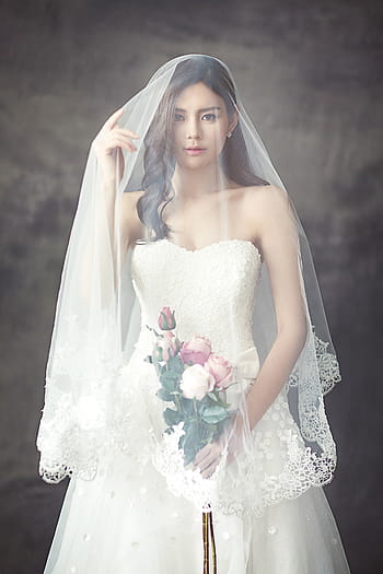 woman, wearing, white, wedding gown, holding, bouquet, flowers, wedding dresses, fashion, character, bride