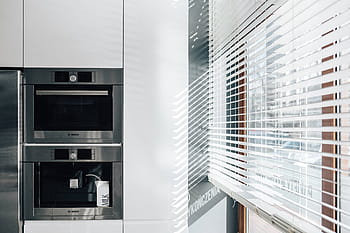 modern, dapur, Interior, abu-abu, putih, kontemporer, gaya, desain, logam, oven, lemari es