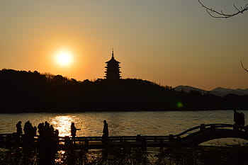 杭州, 西湖, 风景, 中国, silhouette, sunset, travel destinations, river, sky, water