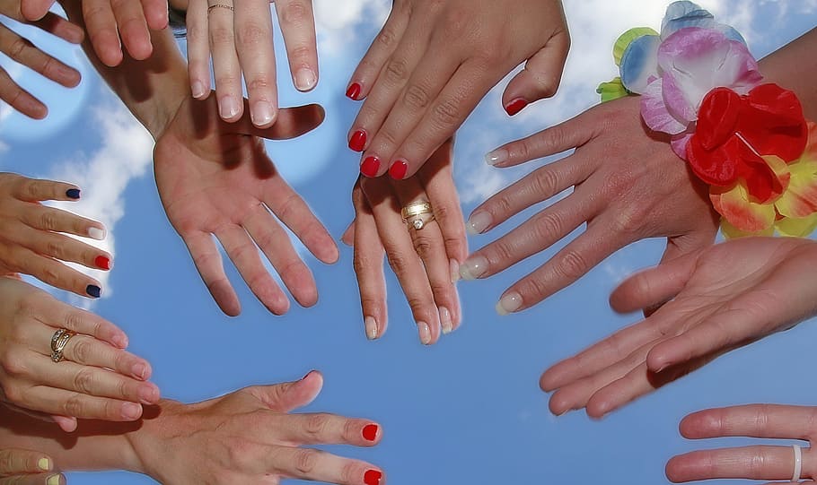people, gather, around, reaching, hands, hand, ring, woman, female, varnish, human hand