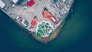 aerial, photography, city, coastline, map, building, near, body, water, sea, buildings