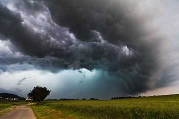 zelená, pole, šedá, zataženo, nebe, Příroda, vpřed, krajina, mraky, dramatický, drama