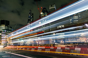 long, exposure image, featuring, red, white, lights trails, captured, city, london., taken, canon 6