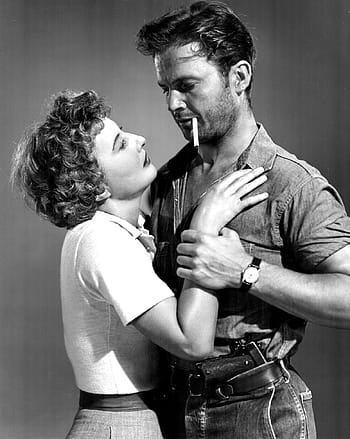grayscale photography, couple, hugging, barbara stanwyck, ralph meeker, actress, actor, film, motion pictures, hollywood, stage
