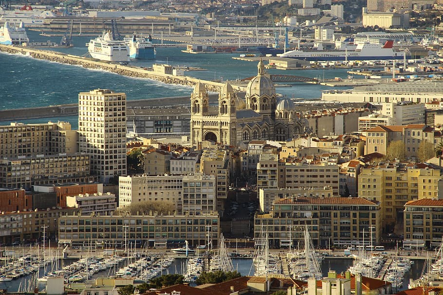 aerial, photography, grey, concrete, buildings, marseille, cathedral, the staff, cathedral of the major