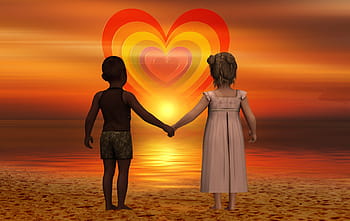 boy, girl, standing, seashore, holding, hands, children, heart, forward, skin color, harmony
