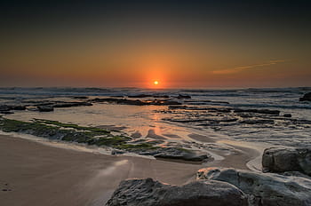 body, water, sunset, seashore, dusk, beach, sand, ocean, sea, waves, rocks