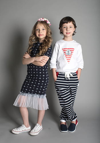 two, girls, standing, gray, wall, model, boy model, posing, studio, child, boy
