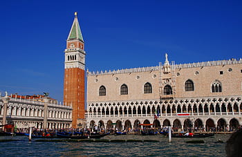 šedá, beton, budova, modrý, nebe, náměstí, piazzetta san marco, Itálie, Benátky, doge palác, markus löwe