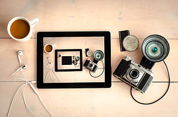 Černá, ipad, vedle, džbánek, dslr fotoaparát, okamžitý, Fotoaparát, blikat, objektiv, fotografování, film