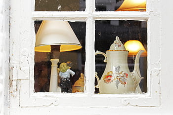 staré okno, porcelán, starý porcelán, stolní lampa, haraburdí, antický, vinobraní, nostalgie, starožitností, komerčně, kýč