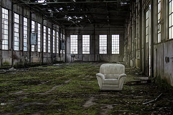 poltrona in tessuto bianco, rovinare, sala, decaduto, decadimento, partire, vecchia fabbrica, sedia, sedersi