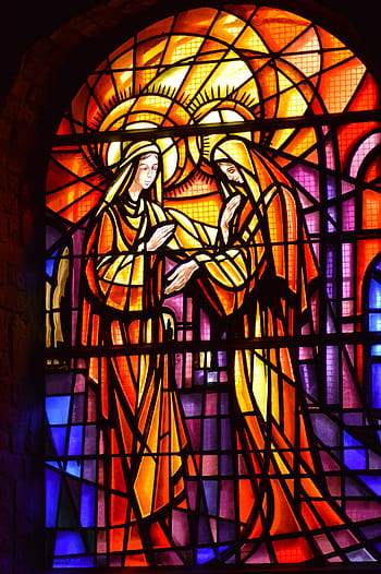 vetro colorato, finestra, Chiesa, fede, religione, visitazione, Maria, elisabeth, cugino, incinta, saintes