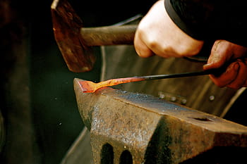 person welding, metal, hammer, anvil, fire, iron, forge, blacksmith, form, hot, embers