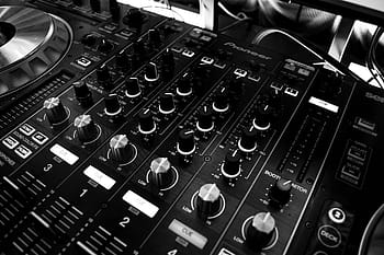grayscale photography, black, dj controller, table, music, power, sound, audio, mixing panel, dj, turn