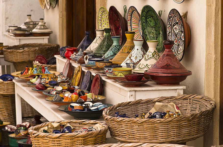 ceramic, decorative, plate, vase lot, tajine, pottery, colorful, morocco