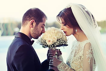 photography, man, woman, kissing, white, flowers, man and woman, rose, flower, wedding, couple