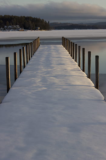 marrón, madera, puente, nieve, puente de madera, azul, muelles, gris, hielo, lagos, rosa
