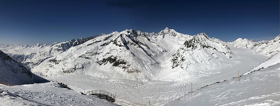 トップ、 ビュー、 雪、 覆われた、 山、 氷河、 アレッチ、 アイガー、 メンヒ、 ユングフラウ、 パノラマ