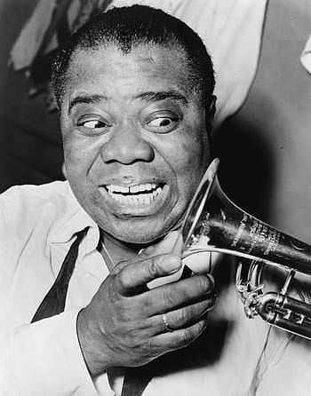 fotografie ve stupních šedi, muž, hospodářství, větrný nástroj, louis armstrong, jazzový trumpetista, zpěvák, New Orleans, satchmo, pop, vážně hlas