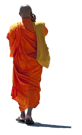 man, monk outfit, standing, close, monk, outfit, close up, buddhist monk, talk mobile, religion, orange