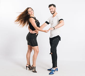 man, holding, woman, hands, inside, white, room, sauce, ballroom dancing, dance partner, couple