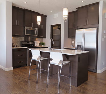 two, white, grey, barstools, kitchen island, inside, Kitchen, Counter, Fridge, Refrigerator, kitchen, counter