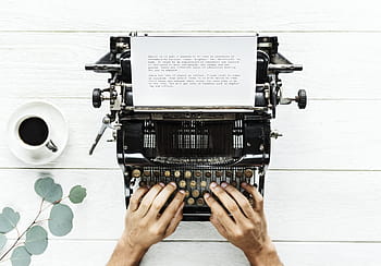 black typewriter, technology, equipment, machine, aerial, analog, analogue, author, background, beverage, caffeine