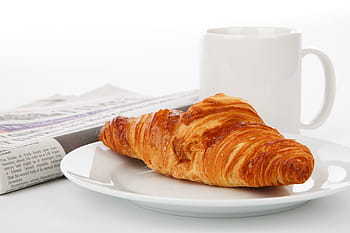 francese, pane, bianca, ceramica, piatto, accanto, boccale, rompere, prima colazione, aziendale, tazza