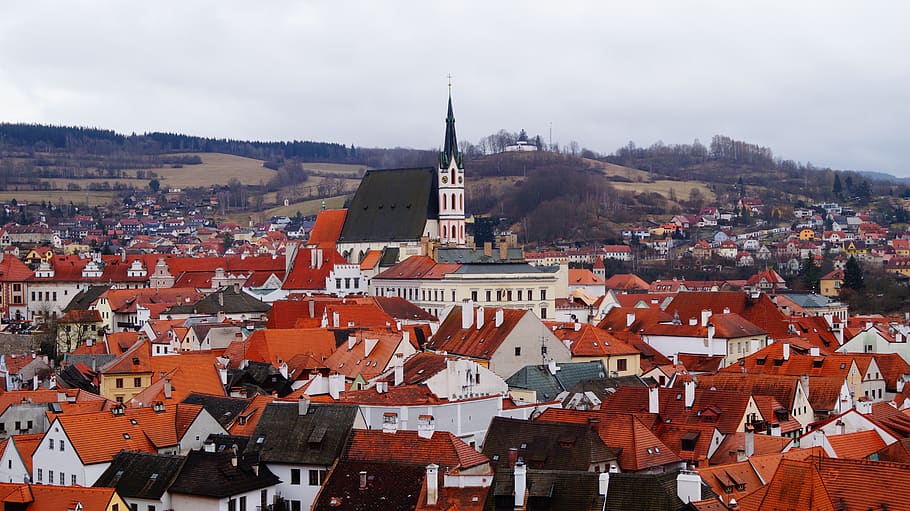 město, architektura, městskou krajinu, střecha, střešní taška, krumlov, Česká republika, jaro, cestovat, budova, Pohled