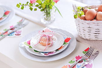 focaccina, bianca, ceramica, piattino, vaso, uova, cesti, piatto, tavolo, impostare, posate