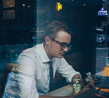 man, sitting, front, table, guy, fashion, eyeglasses, alone, glass, reflection, necktie
