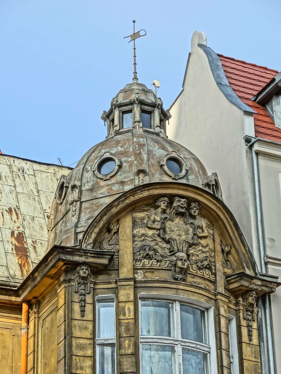 bydgoszcz, art noveau, turret, relief, artwork, facade, decor, exterior, architecture, church, europe