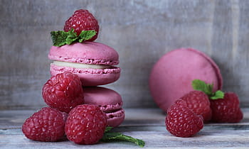 three, pink, macaroons, raspberries, macarons, mint, pastries, french pastries, tender, fruits, red fruits