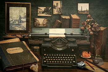 sort, Royal, skrivemaskine, ved siden af, Bestil, bord, tidligere, type, antik, retro, at skrive