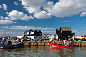 přístav., zachytil, klasický, anglický přístav, obraz, whitstable, kent, Anglie, rozličný, loď, mraky