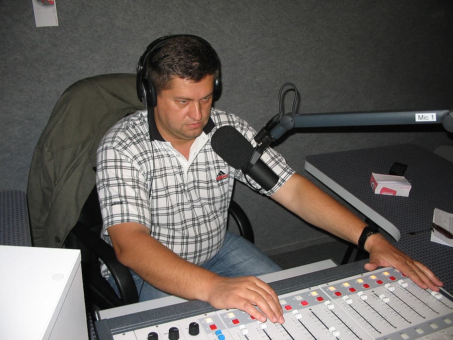 radio dj, music for the masses, local radio, work, microphone, studio, man, audio mixing pult