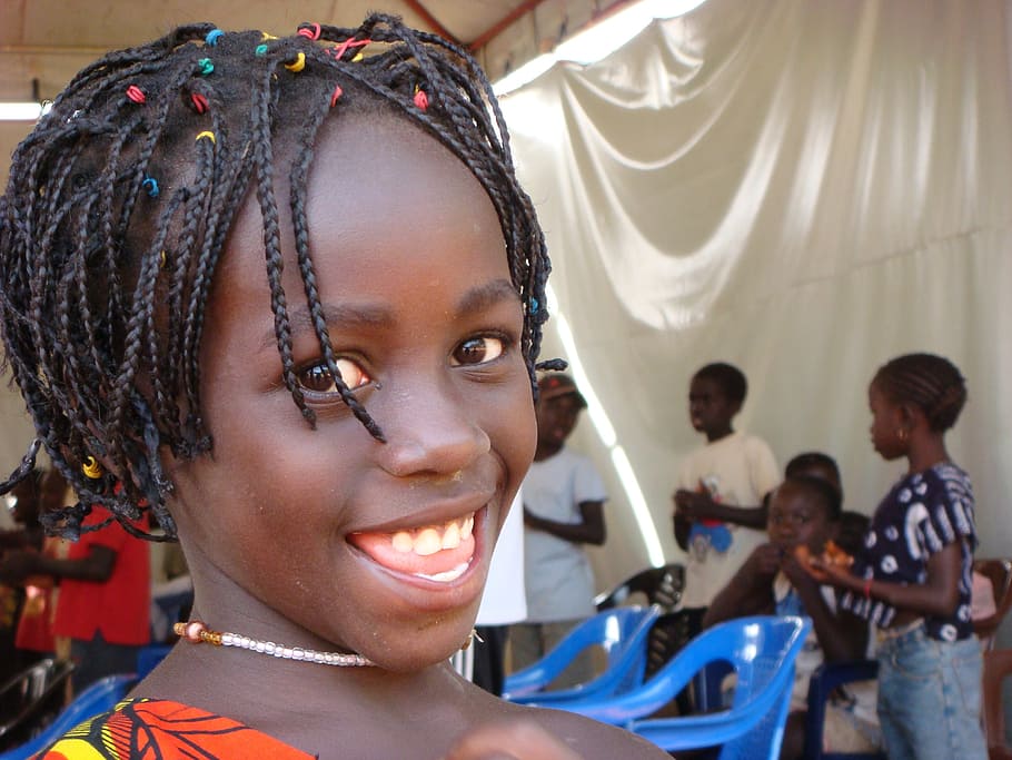 girl, braided, hair, african, guinea, africa, bissau, black, child, portrait, happy