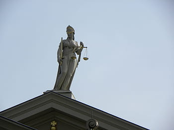 dáma spravedlnost socha, horní, budova, Průhledná, nebe, justitia, dáma, soud, dáma spravedlnost, meč, že jo