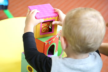 toddler, wearing, gray, vest, playing, boxes, nursery, child, mother, school, one person