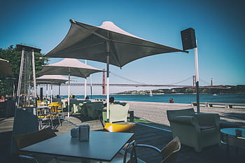 pobřežní, kavárna, restaurace, obraz, zachytil, canon dslr, výstřel, Lisabon, Portugalsko, kánon, dslr