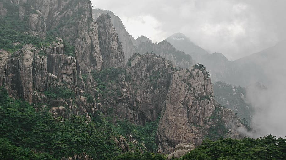 smoke, rock mountain, trees, china, mountains, cliff, forest, fog, rocks, nature, mountain