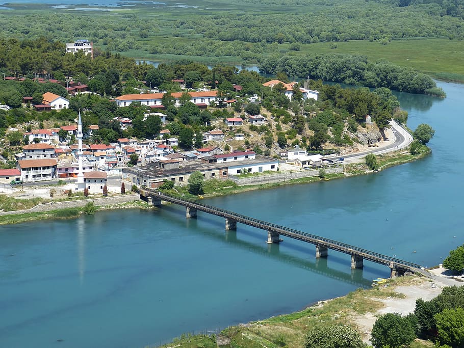 letecký, prohlížení fotografie, během dne, Albánie, skoder, řeka, vesnice, mešita, minaret, voda, krajina
