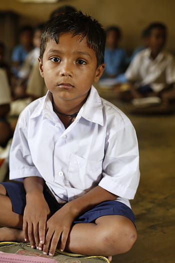 boy, wearing, school uniform, sitting, ground, children, infant, india, poor, sad, hungry