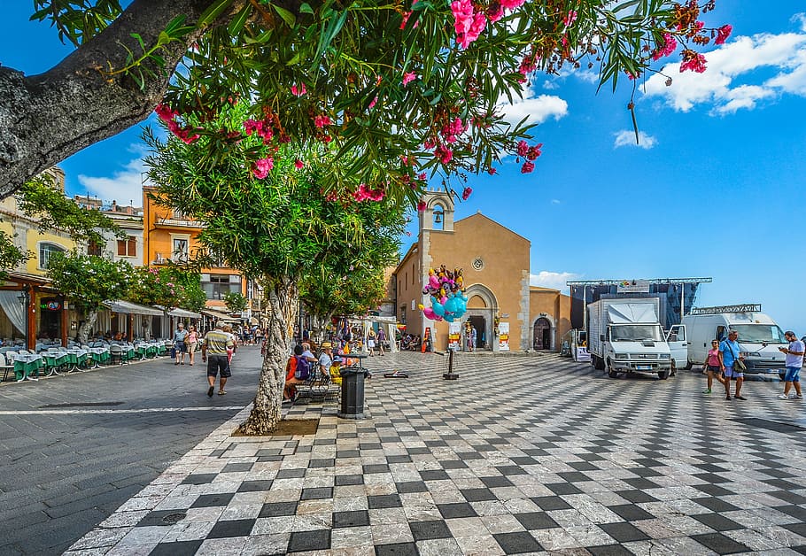 people, walking, street, taormina, square, piazza, flowers, checkerboard, italy, sicily, island