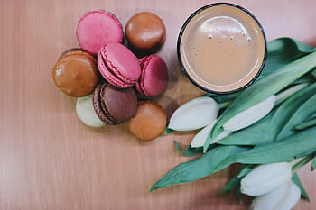 macarons and coffee, Macarons, coffee, flower, france, french, glass, macaron, sweet, tulip, tulips