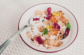 fotografie, gummie, medvědi, miska na cereálie, obilovin, miska, objekty, náladový, líný, snídaně, cukroví